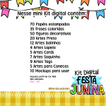 Lista de artes digitais incluidas no Kit Festa Junina da Pandoca, com itens e formatos.