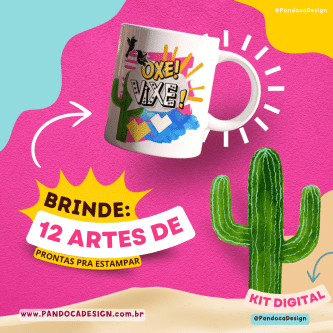 Caneca estampada com arte nordestina e cenário de sol e sertão