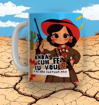 Mockup de Caneca personalizada com artes do Kit Festa Junina com ilustração de Lampião Maria Bonita por Pandoca.